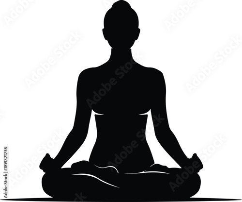 Silhouette of woman meditating in lotus pose on white background illustration vector