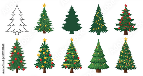 Set of green Christmas trees with snow and holiday decorations in winter forest cartoon style