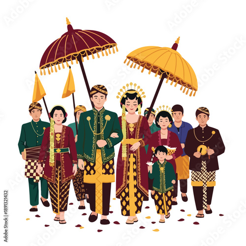 Vibrant traditional wedding procession in colorful attire, celebrating a joyous cultural union with ceremonial umbrellas in a festive setting