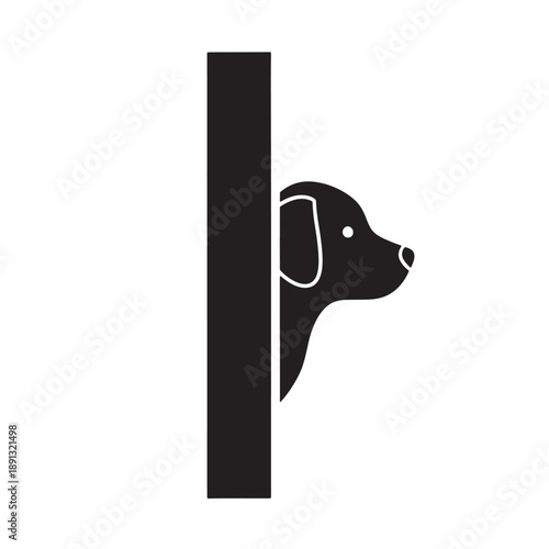 Curious Black Dog Peeking from Behind a Wall or Pillar - Simple Vector Icon of a Playful Canine