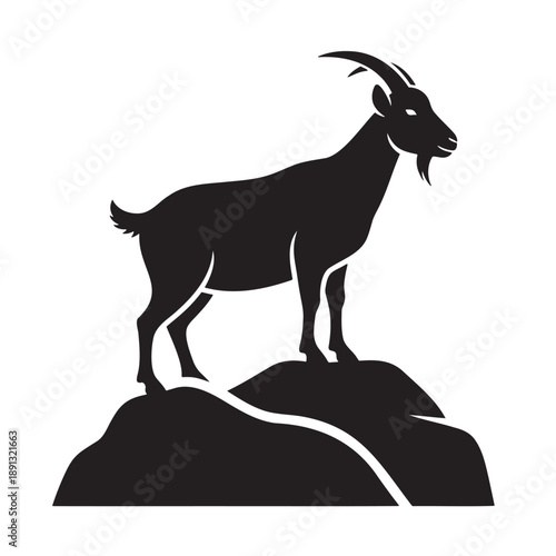 Majestic Black Goat Standing Firmly on a Mountain Rock - Strong Animal Silhouette Vector Logo Illustration