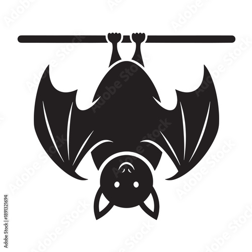 Minimalist Black Bat Hanging Upside Down with Open Wings - Vector Illustration for Halloween and Nature Themes