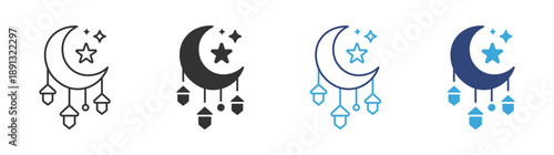 Ramadan Moon Icon Set. Crescent with Lanterns and Stars Symbols. Islamic Holiday and Night Decoration Concept. Vector Illustration.