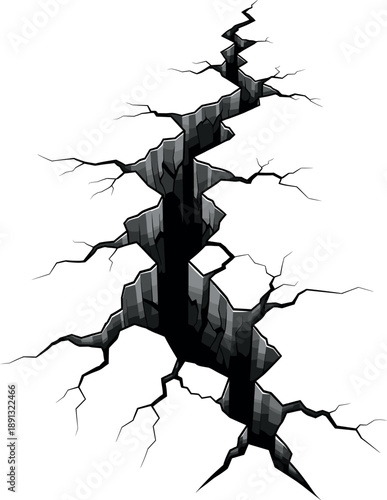Perspective view of a deep earth crack and ground fissure vector illustration representing earthquake disaster destruction broken surface soil damage and catastrophe