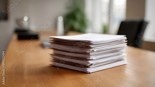 A neat stack of documents and papers rests on a polished wooden desk in a modern office setting