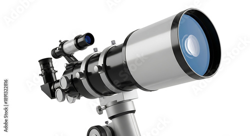 Professional astronomical telescope for space observation and stargazing isolated on white background