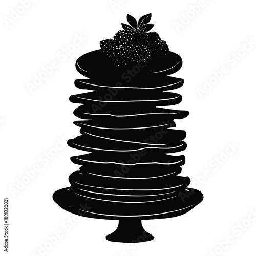 Stack of pancakes with berries on cake stand silhouette