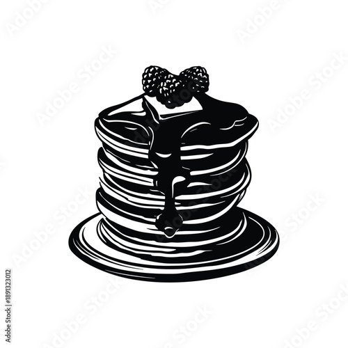 Stack of pancakes with syrup and berries on plate