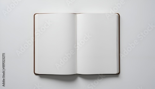 Blank open notebook with brown leather cover on white background mockup