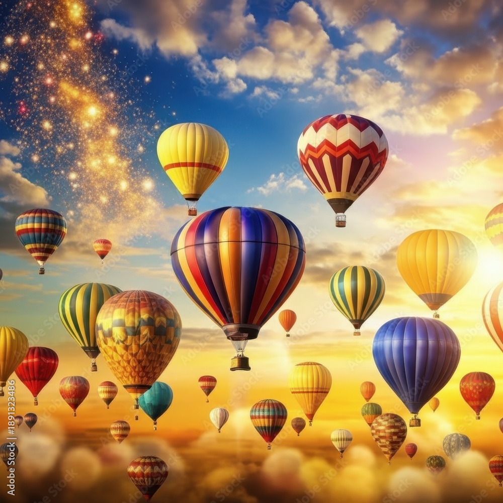 Fototapeta premium Colorful hot air balloons flying in sunset sky, magical festival of floating balloons over golden clouds, whimsical fantasy landscape with sparkling light trails