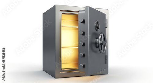 Open Metal Safe Vault with Glowing Gold Interior Light Security and Wealth