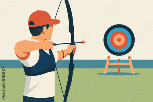 Archer aiming at target with bow and arrow.