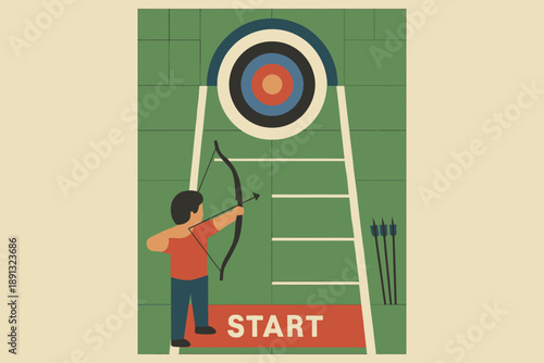 Archer aiming at target in archery competition illustration.