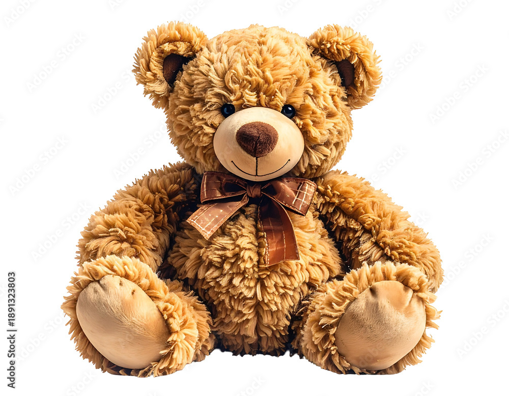 Fototapeta premium Fluffy brown teddy bear with stitched nose, button eyes, and plaid ribbon