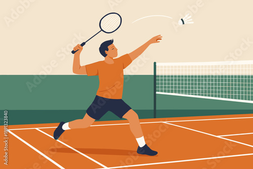 Badminton Player Serving Shuttlecock on Court with Net.