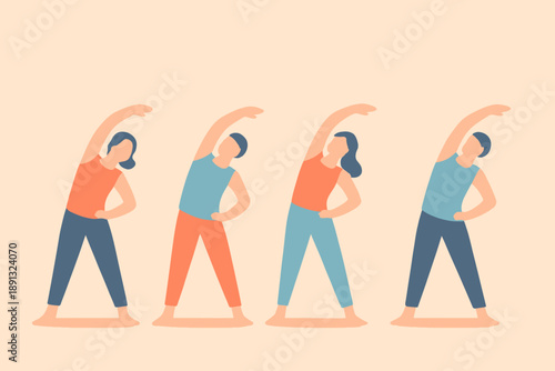 Group of people practicing side bend yoga pose together.