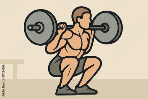 Man Performing Barbell Squat Exercise for Strength Training.