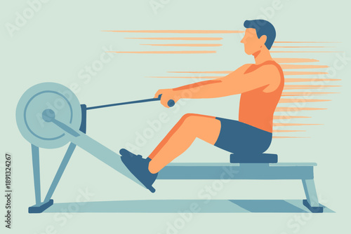 Man using rowing machine for fitness and exercise.
