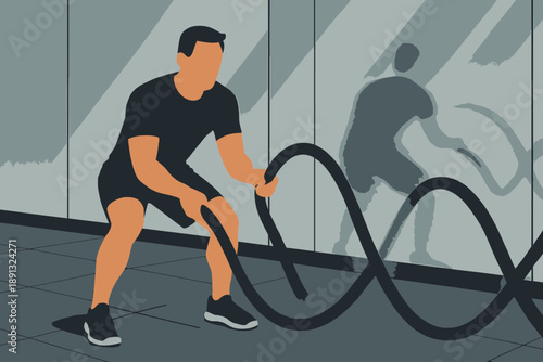 Man working out with battle ropes in a gym.