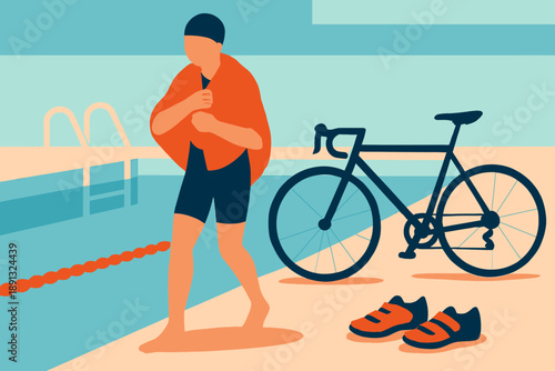 Triathlete Transitioning from Swim to Bike with Towel and Gear.