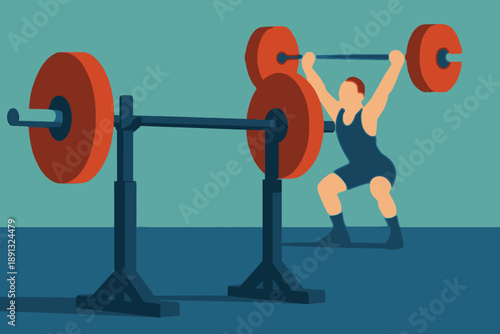 Weightlifter Performing Clean and Jerk with Barbell in Gym.