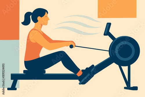 Woman Exercising on Rowing Machine for Fitness and Health.