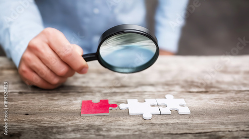 Person holding magnifying glass identifying unique red puzzle piece amongst white, examining details for problem solving