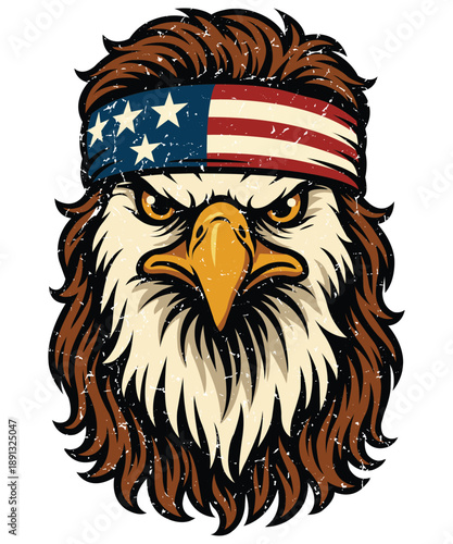 Foto Funny Patriotic Bald Eagle with Mullet Hair and American Flag Bandana Illustrati