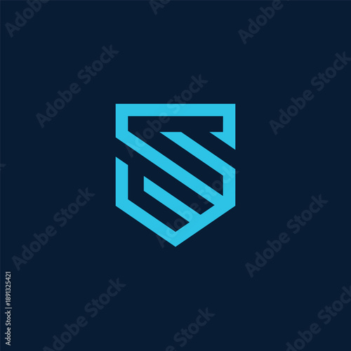 Abstract blue geometric shield logo design on a dark background