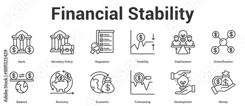 Financial Stability icon set collection vector illustration concept for business with icon of Bank, Monetary Policy, Regulation, Volatility, Stabilization, Diversification, Balance, Recovery, Econom.