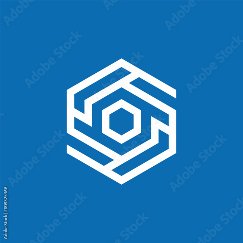 Hexagonal geometric shape with interconnected lines and inner hexagon on a blue background, representing security or network