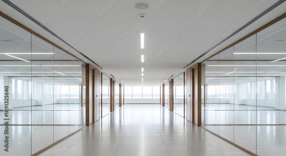 Fototapeta premium Modern office hallway with glass walls and natural light, reflecting floors, and wooden door frames leading to bright empty rooms with large windows.