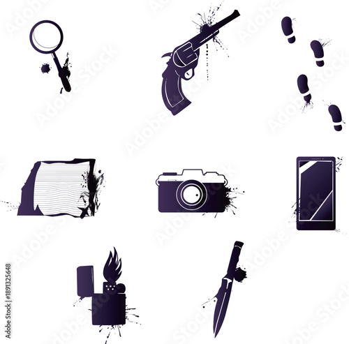 虫眼鏡・謎の紙切れ・ナイフ・カメラ・拳銃・足跡の怪しいイラストセット