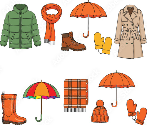 Winter and Rain Apparel Collection Featuring Puffer Jacket Trench Coat Umbrellas and Seasonal Accessories for Cold Weather