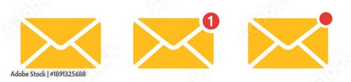Email alert icon set. mail notification UI icons set showing envelope mail symbol, unread message indicator and alert badge. Solid yellow vector icons for app interface, inbox status and web UI