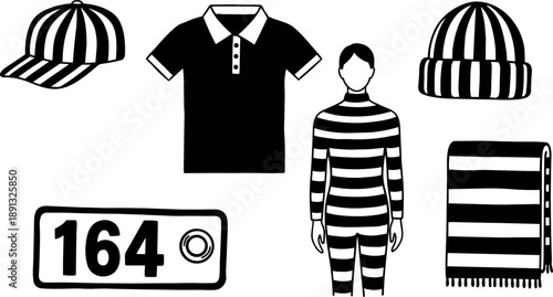 Black and white striped outfit set including polo shirt, beanie, cap, scarf, prisoner costume, and inmate number tag vector illustration
