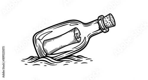 Detailed black and white sketch of a glass bottle containing a rolled paper message resting on a sandy beach shore.