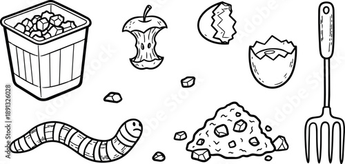 Monochrome line art depiction of composting process with worm, egg shells, apple core, soil, kitchen waste, and garden fork illustration