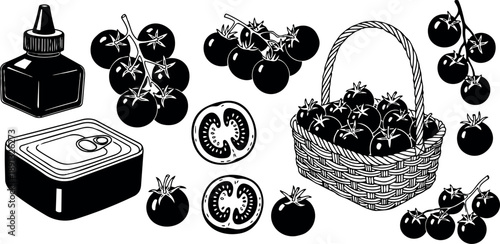 Monochrome vintage style tomato basket and sliced tomatoes with ink bottle and canned tomato tin vector art set