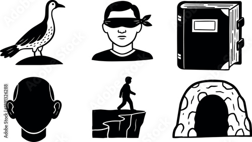 Minimalist black and white vector art set featuring blindfolded person, standing man on cliff edge, bird on rock, and ancient cave entrance
