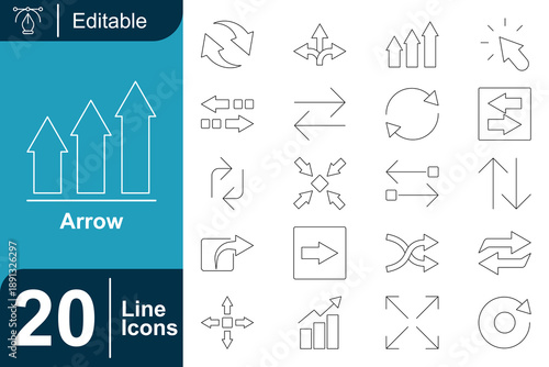 Collection of 20 editable line icons representing various arrows, directions, and movement for design and interface applications