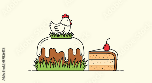 Creative illustration showing a whole frosted cake topped with a small chicken and a separate slice of layered cake.
