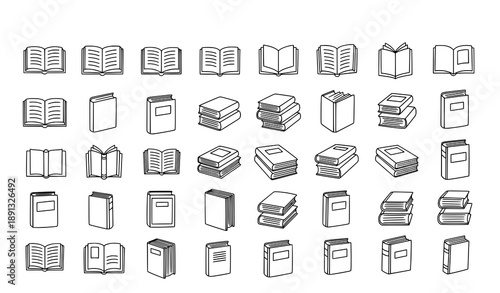 Minimal Hand Drawn Book Icons Vector Set in Black Linear Outline Style