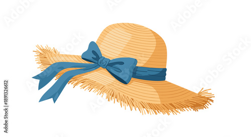 Elegant wide-brimmed straw sun hat decorated with a stylish blue ribbon bow for summer fashion and travel themes.