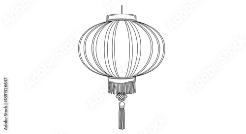Intricate black and white line art of a traditional Chinese lantern with decorative tassels and a hanging knot.