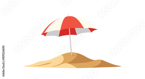 Vibrant red and white striped beach umbrella planted firmly in a small mound of golden sand for summer vacation themes.