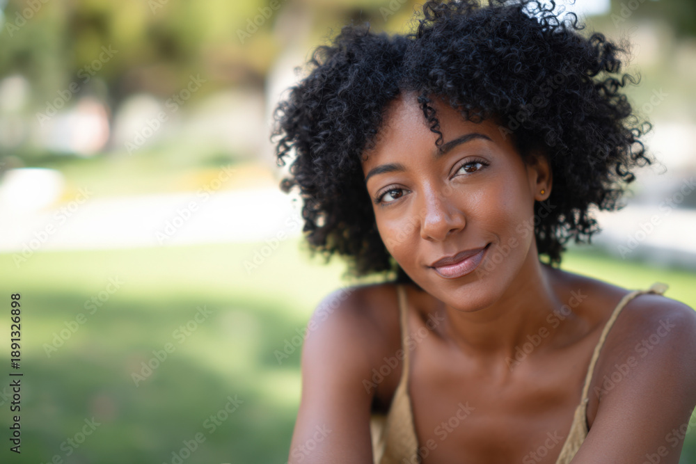 Fototapeta premium Smiling african female young adult in outdoor sunlit park