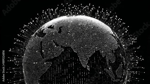 Global Network: A digital representation of the world, encircled by radiating data streams, signifying the interconnectedness of global communication and technology.