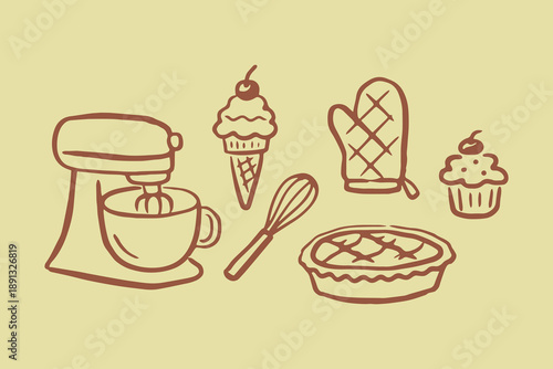 Baking tools dessert doodle line art vector illustration