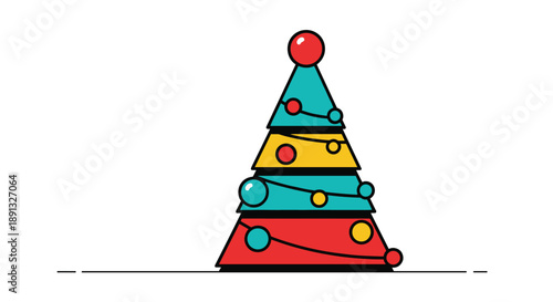 Modern geometric Christmas tree made of colorful triangular sections with ornaments and a red ball topper on a white background.